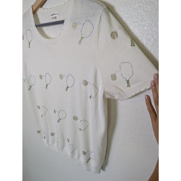 Minnie Rose Cashmere Blend Pickleball Frayed Edge White Sweater Shirt Women Sz L - Picture 4 of 10